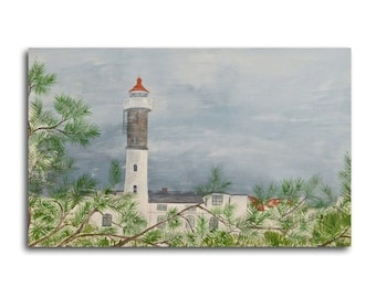 Painting lighthouse #2,island Poel Germany,canvas large, 31 x 19 inch,acrylic painting,gray blue green,original painting,coast and maritim