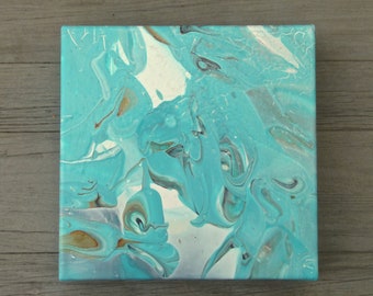 Pouring painting, canvas, abstract mint gray beige turquoise,8 x 8 inch,20 x 20 x 4 cm,original painting,mixed media,Gift christmas, art,Nr2