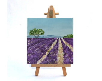 Painting lavender #11, canvas small, 8x8 inch,20x20 cm,acrylic painting,purple landscape,original painting,Provence picture,France painting