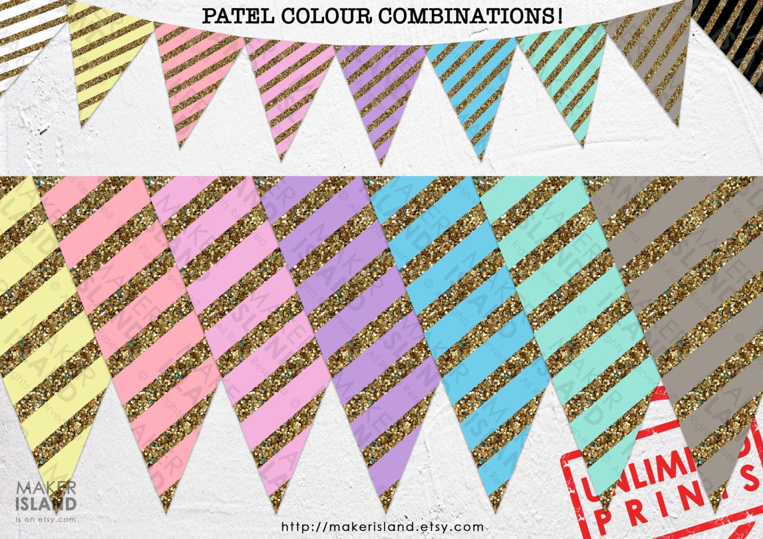 16 Printable Bright Colourful Pastel Bunting Gold Glitter Etsy