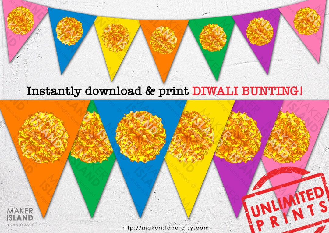 Printable Marigold Diwali / New Year Bunting.banner-orange,green,blue ...
