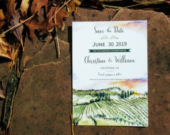 Calistoga, California Napa Valley Vineyard with sunset, Wedding Save the Date. Watercolor Invite