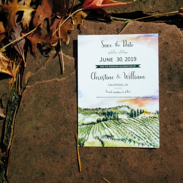 Calistoga, California Napa Valley Vineyard with sunset, Wedding Save the Date. Watercolor Invite