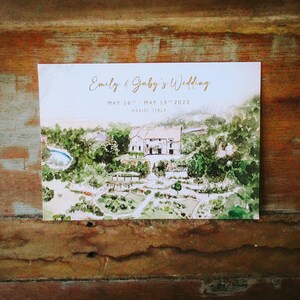 Acquerello personalizzato Save the date, matrimonio di destinazione ad Assisi, Italia. Castello di Petrata Assisi