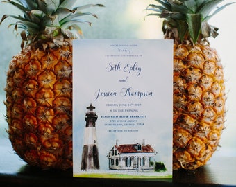 Beachview Bed and Breakfast Venue in Tybee, Georgia. Watercolor wedding invitations. Featuring a lighthouse.