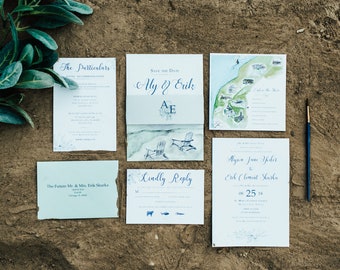 Beach wedding invitation suite with illustrated map, RSVP, Save the date and matching blue envelopes