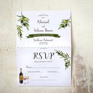 Mailer na próbę kolacji. Oderwij i zwróć. Gałązka oliwna. Pocztówka RSVP.