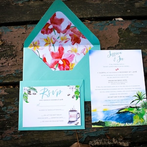 Tropical Hawaiian Watercolor Wedding Invitation Set. Orchid envelope liner.