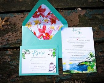 Conjunto de invitación de boda de acuarela hawaiana tropical. Forro de sobre de orquídea.