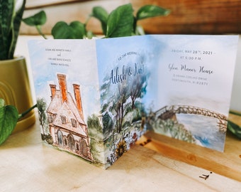 Custom Watercolor Wedding Tri-fold of the Glen Manor House in Portsmouth, Rhode Island