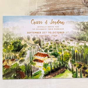 Bem-vindo ao conjunto de convites de casamento na Toscana. Aquarela personalizada. Casamento italiano. Linha do tempo ilustrada. Cartão de boas-vindas