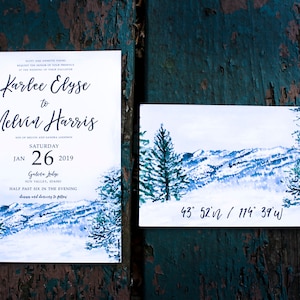 Idaho Sun Valley aquarel bruiloft uitnodiging instellen. Galena Lodge. Winter bruiloft. Overeenkomende post kaart RSVP