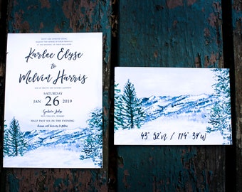 Idaho Sun Valley Watercolor Wedding Invitation Set. Galena Lodge. Winter Wedding. Matching Post card RSVP