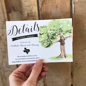 May include: A white wedding invitation card featuring a watercolour illustration of a tree with a heart carved into its trunk. The text on the card reads "Details Following Ceremony Please Stay For Cocktails, Dinner and Dancing V+R Visit our website to RSVP by 3/31/18, for accommodation, and honeymoon registry www.theknot.com/us/moorewedding 2018"