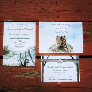 Rustic watercolor wedding invitation set. Featuring the Winding Creek Farm venue in Virginia. Cowboy boot save the date. Chandelier.
