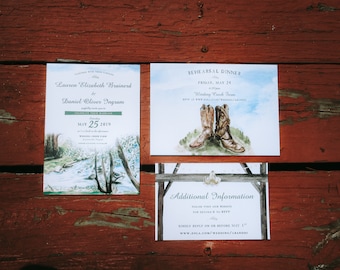 Invitación de boda rústica en acuarela, granja Winding Creek, reserva de fecha con botas de vaquero