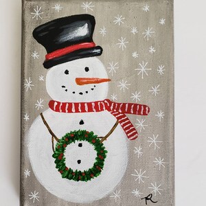 Snowman with wreath, original acrylic hand painted art, winter painting, snow painting, gift for her/him, Gift under 20