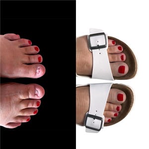 May include: A split image shows two feet with red nail polish. One side shows bare feet against a black background. The other side shows feet in white sandals with silver buckles against a white background.