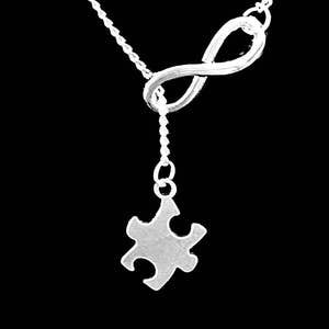 Puzzle Piece Necklace, Autism Awareness Jewelry, Puzzle Jewelry, Special Needs Gift Y Infinity Lariat Necklace