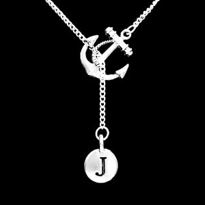 Initial Lariat Necklace, Initial Jewelry, Best Friend Necklace, Best Friend Gift, Sister Necklace, Mother Daughter Anchor Gift Necklace