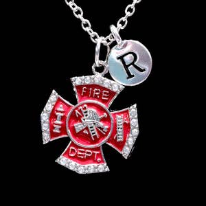 Initial Necklace, Gift For Firefighter Wife, Red Maltese Cross Necklace, Firefighter Daughter Valentine Gift, Mother&#39;s Day Gift, Necklace