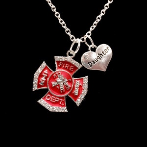 Firefighter Daughter Necklace, Red Crystal Maltese Cross Fire Department Fireman Gift Necklace