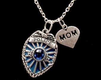 Police Mom Necklace, Police Jewelry, Blue Police Officer Badge Shield Gift For Police Mother Charm Necklace