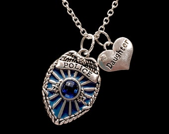 Police Daughter Necklace, Police Jewelry, Blue Police Officer Badge Shield Gift For Police Charm Necklace