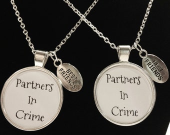 Best Friend Gift, Partners In Crime Necklace, Best Friend Necklace Set, Quote Sisters Necklace Set