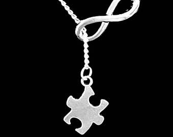 Puzzle Piece Necklace, Autism Awareness Jewelry, Puzzle Jewelry, Special Needs Gift Y Infinity Lariat Necklace