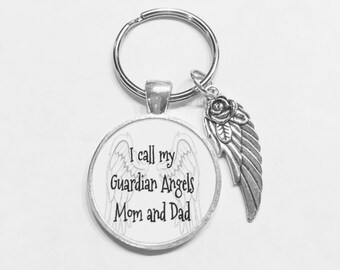 Memorial Keychain, I Call Guardian Angels Mom And Dad Keychain, Remembrance In Memory Wing Quote Sympathy Gift Keychain