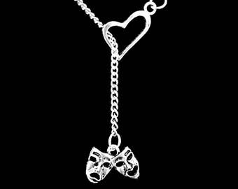 Gift For Her, Comedy Tragedy Mask Necklace, Theater Mask Drama Necklace, Best Friend Sister Actor Graduation Gift Heart Lariat Necklace