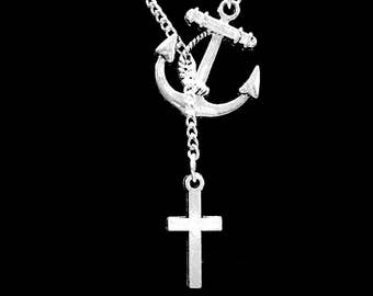 Gift For Her, Anchor Cross Necklace, Anchor Jewelry, Christian Religious Gift Lariat Necklace