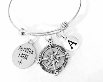 Best Friend Gift, No Matter Where Compass Bangle Bracelet, Initial Bangle, Long Distance Travel Gift, Sister Mother Daughter Gift Bracelet