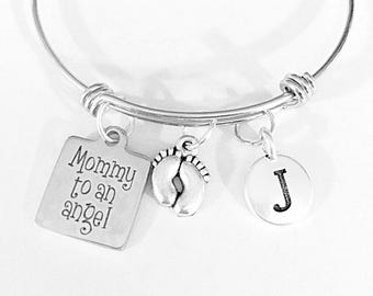 Memorial Jewelry, Mommy To An Angel Bangle Bracelet, Initial Baby Feet Mother's Day Gift, Miscarriage Gift, Adopton Gift Bracelet