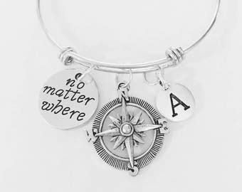 Best Friend Bangle, No Matter Where Initial Bangle Bracelet, Compass Long Distance Travel Gift, Best Friend Gift Bangle, BFF Gift Bracelet