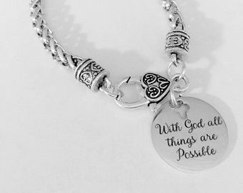 Christian Charm Bracelet, With God All Things Are Possible Jewelry, Gift For Church Friend, Bible Scripture Charm Bracelet
