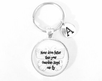 Initial Keychain, Never Drive Faster Than Your Guardian Angel Can Fly, Sweet Sixteen Gift, Sweet 16 Monogram Keychain