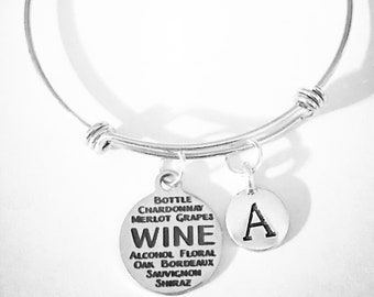 Wine Bangle Bracelet, Wine Charm Bracelet, Wine Jewelry, Initial Bangle, Best Friend Gift Bracelet, Mother's Day Gift Charm Bracelet