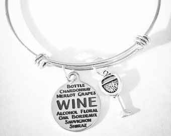 Wine Bangle Bracelet, Wine Glass Charm Bracelet, Wine Jewelry, Best Friend Gift Bracelet, Mother's Day Gift Charm Bracelet