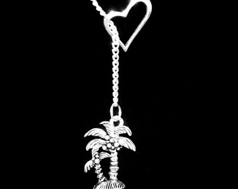 Palm Tree Necklace, Beach Nautical Charm Necklace, Ocean Gift Heart Lariat Necklace