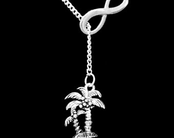 Palm Tree Necklace, Beach Nautical Charm Necklace, Ocean Gift Infinity Lariat Necklace