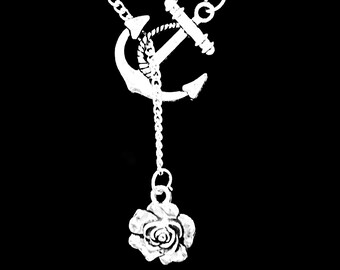 Rose Necklace, Flower Charm Necklace, Love Gift Anchor Lariat Necklace