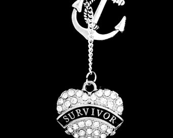 Gift For Her, Survivor Necklace, Awareness Breast Cancer Anchor Lariat Necklace, Warrior Necklace, Fighter Strong Woman