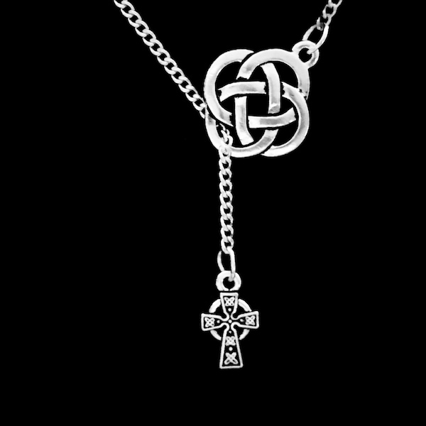 Celtic Cross Necklace, Celtic Jewelry, Celtic Knot Necklace, Irish Loyalty Friendship Love Lariat Necklace