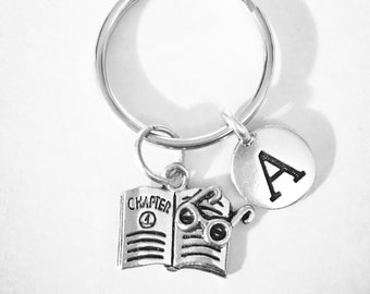 Book Lover Keychain, Book Club Keychain, Book Initial Keychain, Author Writer Reader Keychain, Teacher Gift