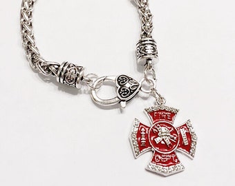 Firefighter Wife Gift Bracelet, Red Cross Firefighter Maltese Gift Fireman Wife Mother Daughter Sister Charm Bracelet