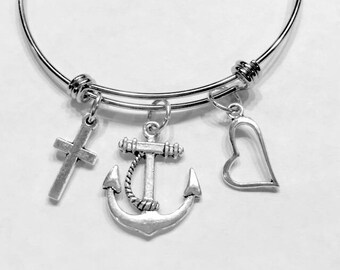 Christian Jewelry, Anchor Cross Heart Bangle Bracelet, Religious Faith Gift, Bff Bangle, Friendship Sister Mother Daughter Christian Gift