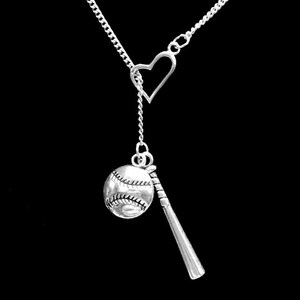 Baseball Necklace, Baseball Jewelry, Softball Jewelry, Heart Baseball Bat Gift Necklace, Mom Sports Softball Allstar Y Lariat Necklace