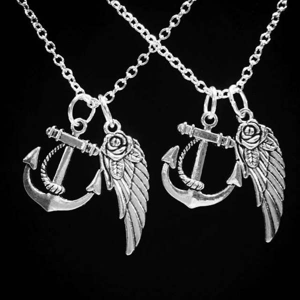 Best Friend Gift, Necklace Set Anchor, Anchor Angel Wing Jewelry, BFF Jewelry, Mother Daughter, Gift For Her,  Couple's Sisters Necklace Set